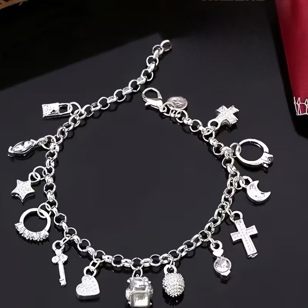 Stainless steel charm bracelet with 18 charms
