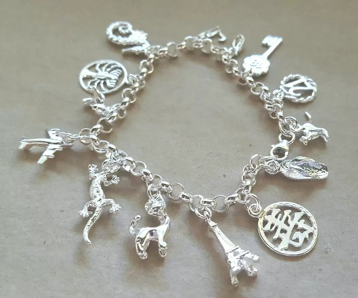 Stainless steel charm bracelet with 18 charms