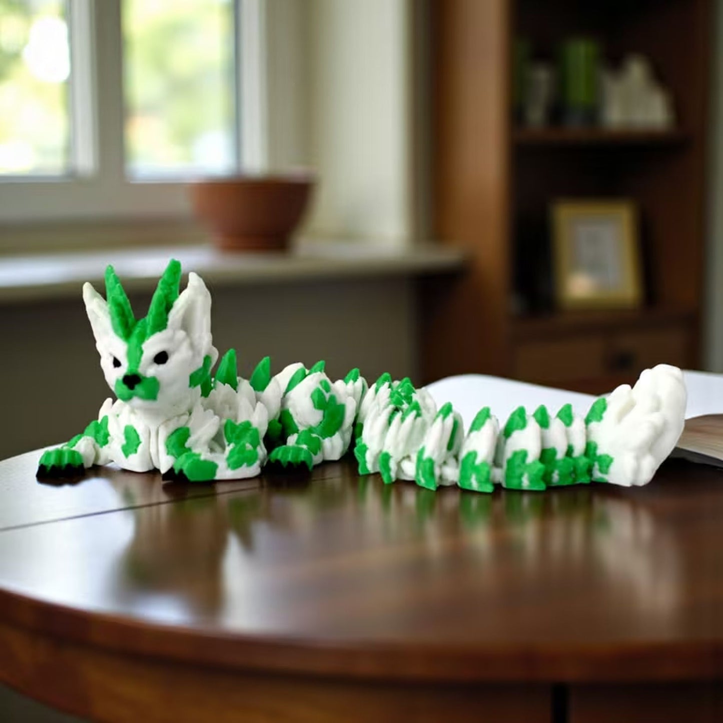 3d articulated cat style green and white dragon