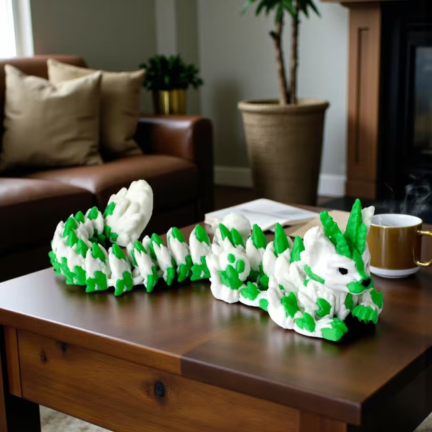 3d articulated cat style green and white dragon
