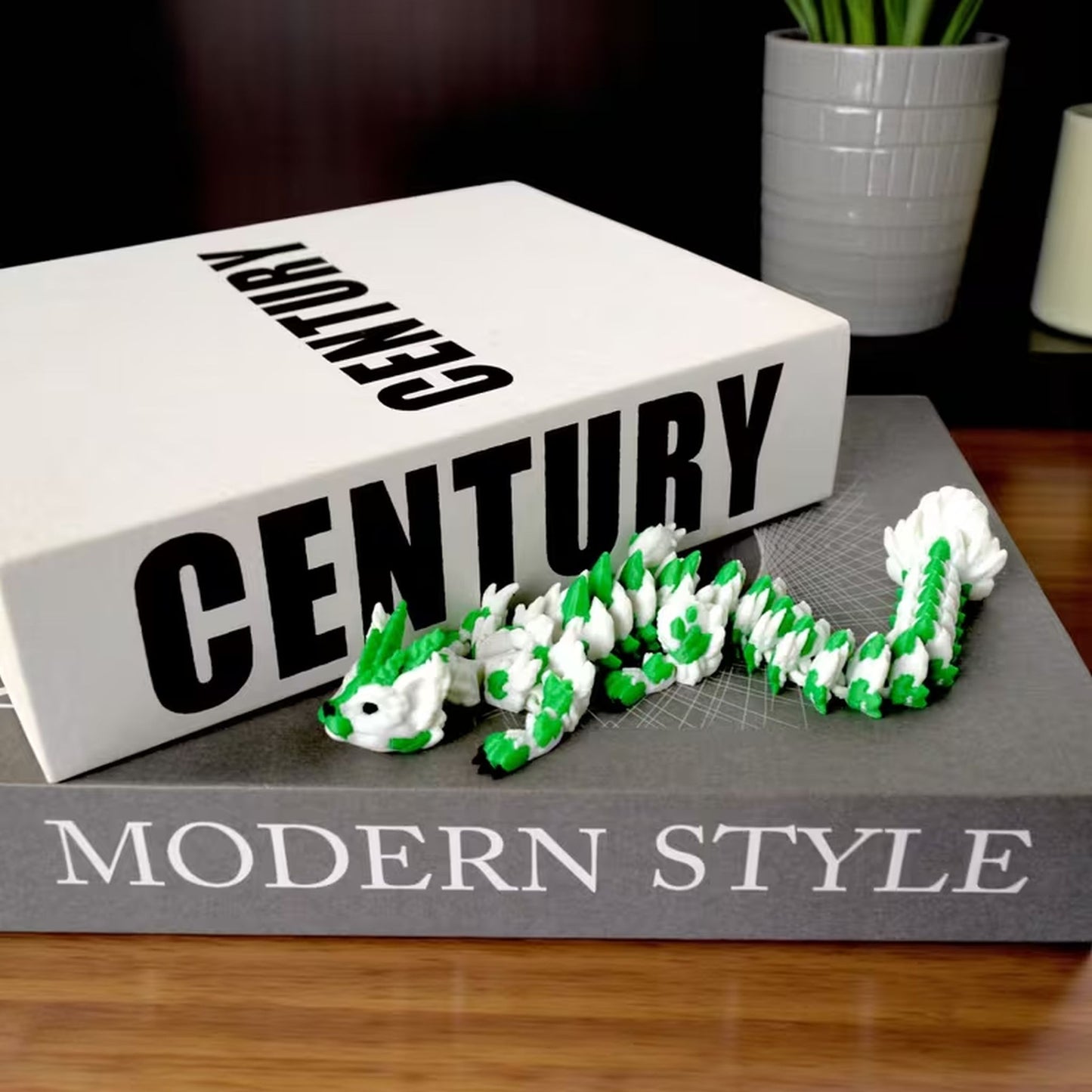 3d articulated cat style green and white dragon